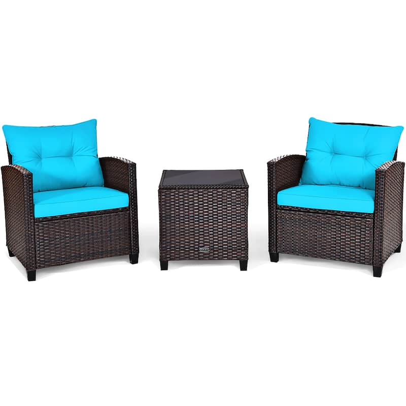 Outdoor 3-piece Cushioned Rattan Patio Furniture Conversation Set - Turquoise