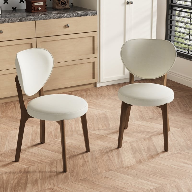 Mid-Century Modern Beige PU Leather Dining Chairs, Fully Assembled with Solid Wood Legs
