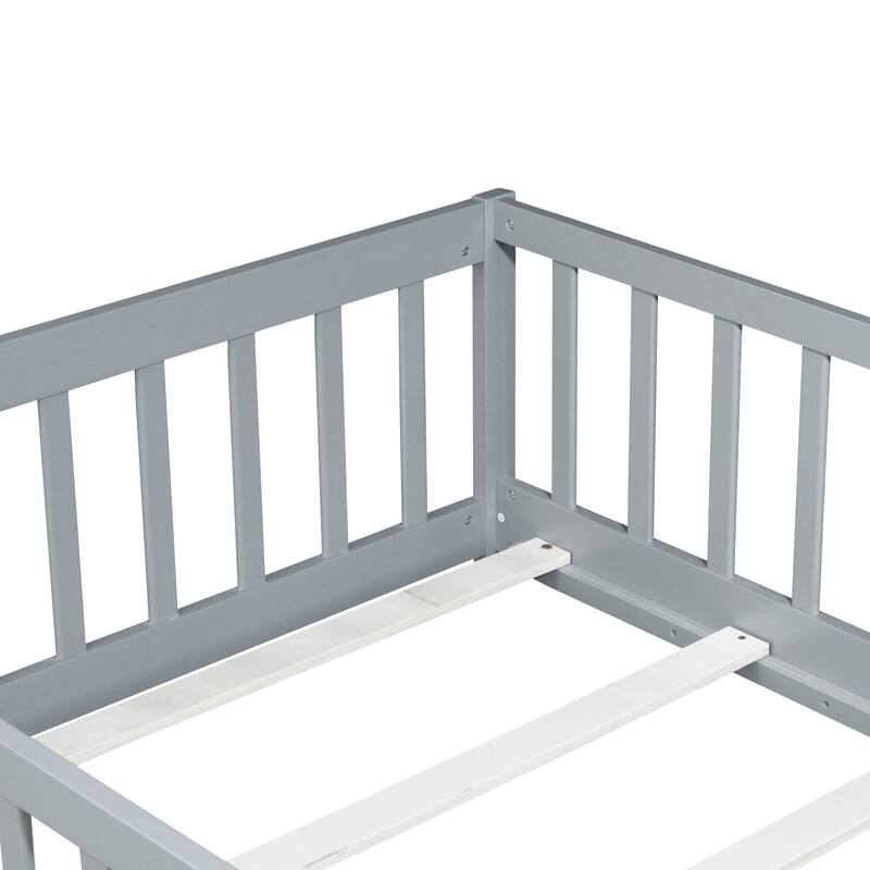 Roomfitters Twin Rubber Wood Floor Bed with Fence, Safety Guardrails, Low Profile Platform Design