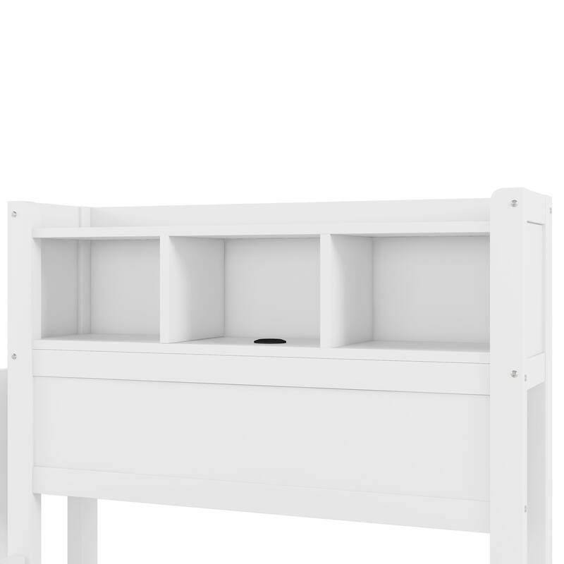 Twin Size Bed with Drawers, Wood Twin Bed with Storage Headboard and Pull Out Storage Cabinet, Wood Bed with Light and Socket