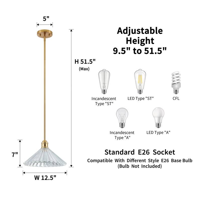 KAWOTI Adjustable Single Pendant Light with Cone Glass Shade - W12.5" x D12.5" x H51.5"