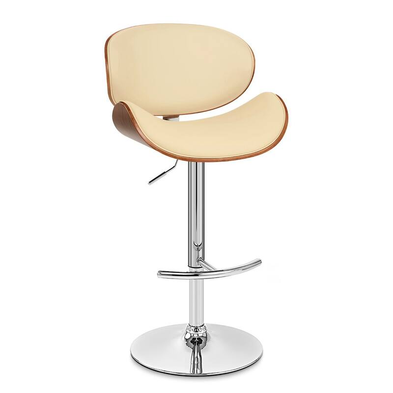 Adjustable Swivel Bar Stool with Chrome Base, Walnut Back, PU Leather Seat, Modern Kitchen Counter Height Stool