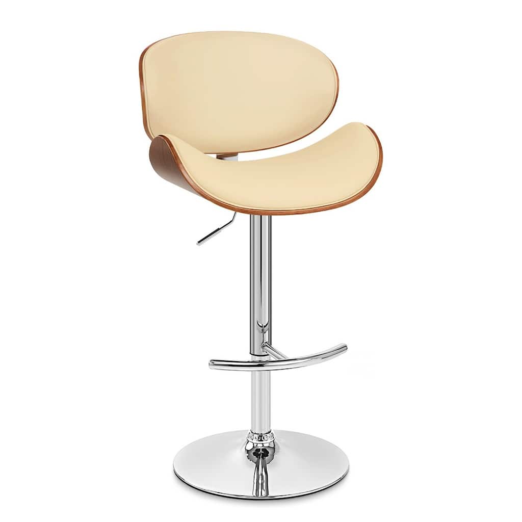 Adjustable Swivel Bar Stool with Chrome Base, Walnut Back, PU Leather Seat, Modern Kitchen Counter Height Stool