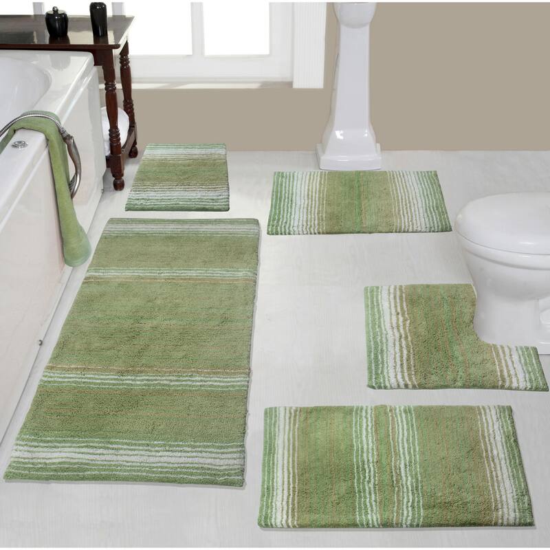 Gradiation Rug Collection 100% Cotton Non-Slip Bathroom Rug Set, Machine Washable Bath Rug, 5 Piece Bath Mat Set with Contour - Sage