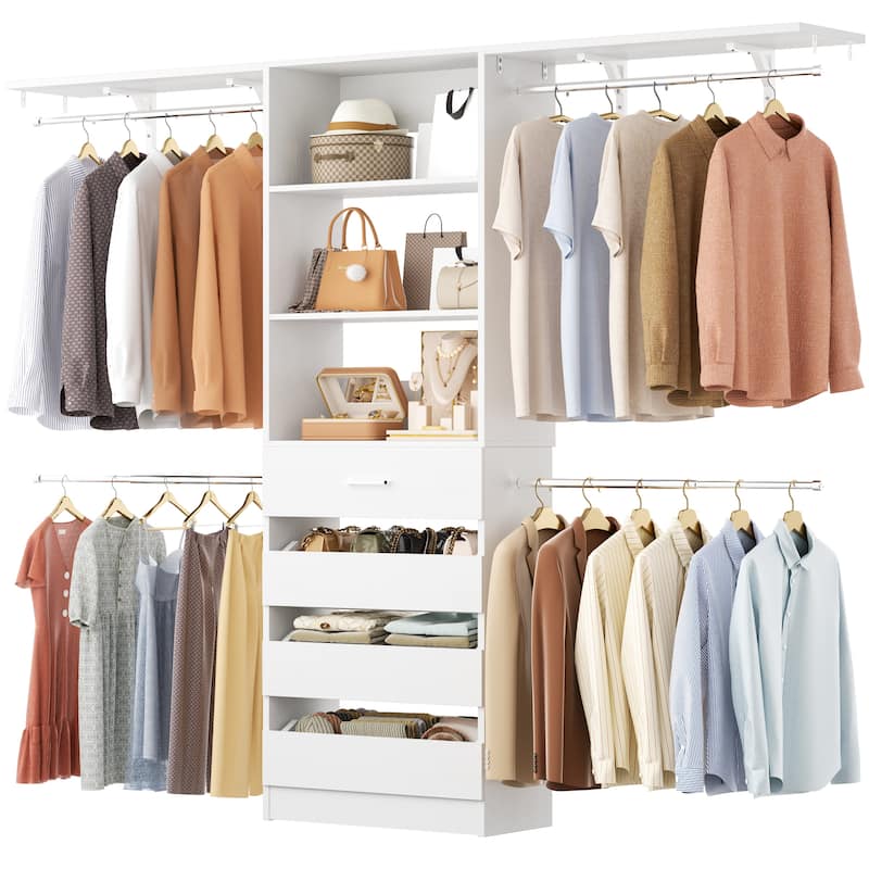 96'' Closet Organizer System with Wood Drawers, Wardrobe with Storage Shelves and 4 Hanging Rods