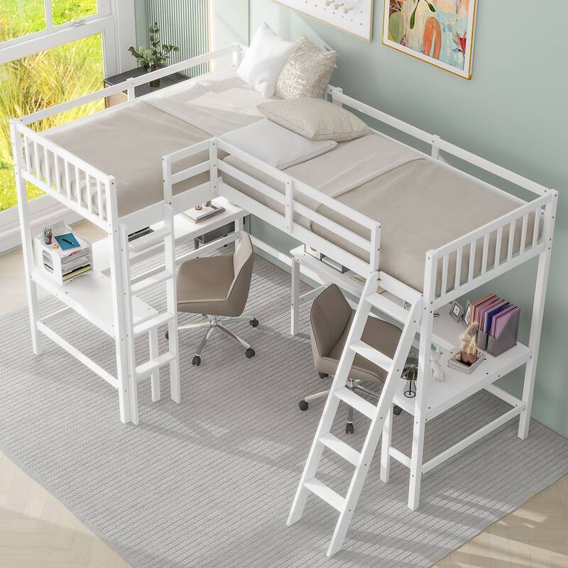 Twin Size L-Shaped Loft Bed with 2 Built-in Desks and 2 Ladders, Wooden Double High Loftbeds Frame for 2, for Kids Teens Bedroom