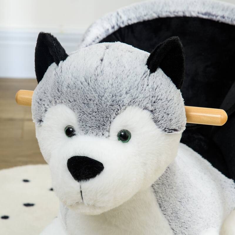 Plush Husky Dog Rocking Horse with Wooden Base and Safety Belt for Toddlers 18 to 36 Months with Animal Sounds