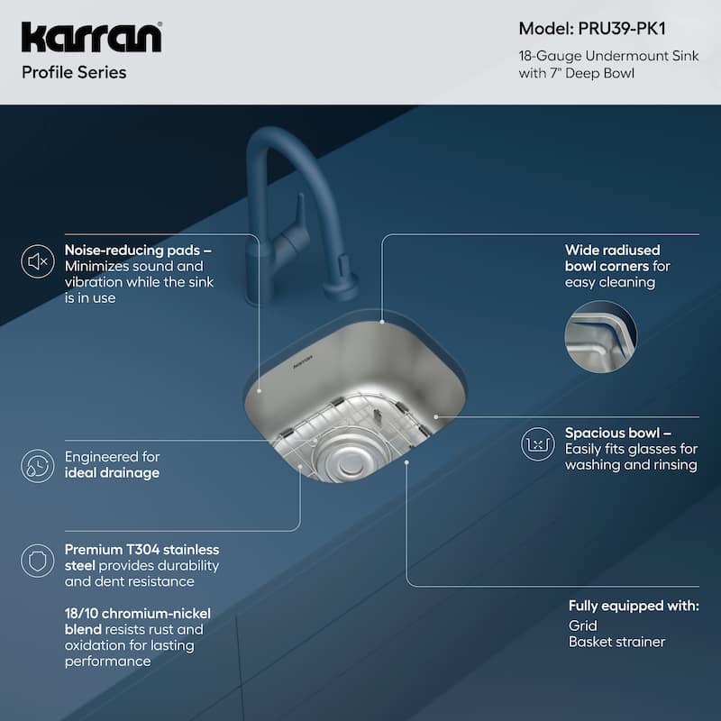 Karran Profile 15” Undermount 18 Gauge Single Bowl Stainless Steel Kitchen Sink with Accessories