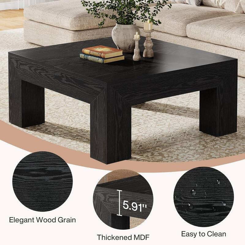 39.4-Inch Square Coffee Table for Living Room, Farmhouse Accent Center Cocktail Table with Sturdy Wooden Legs