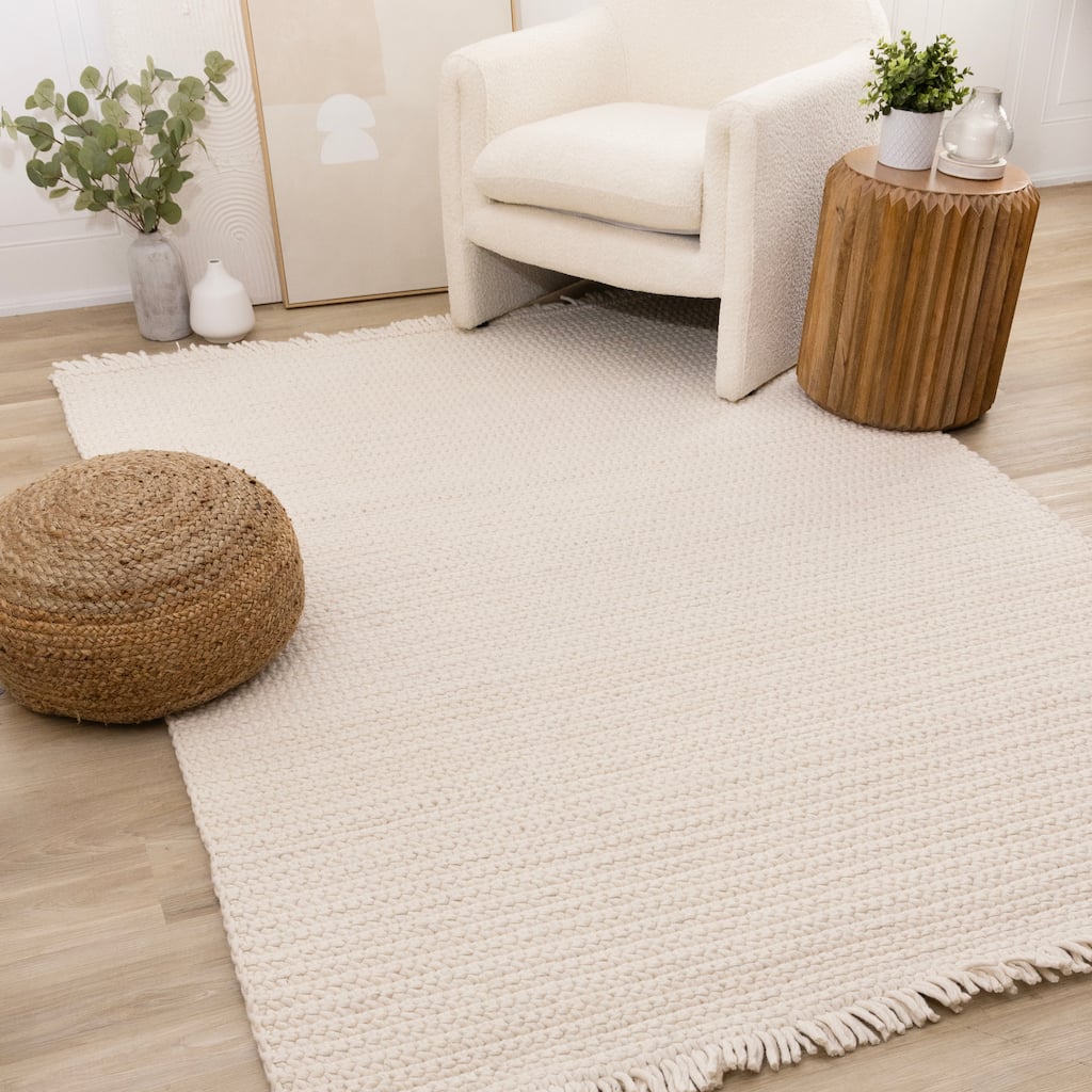 White Knotted Design Wool Handmade Rug