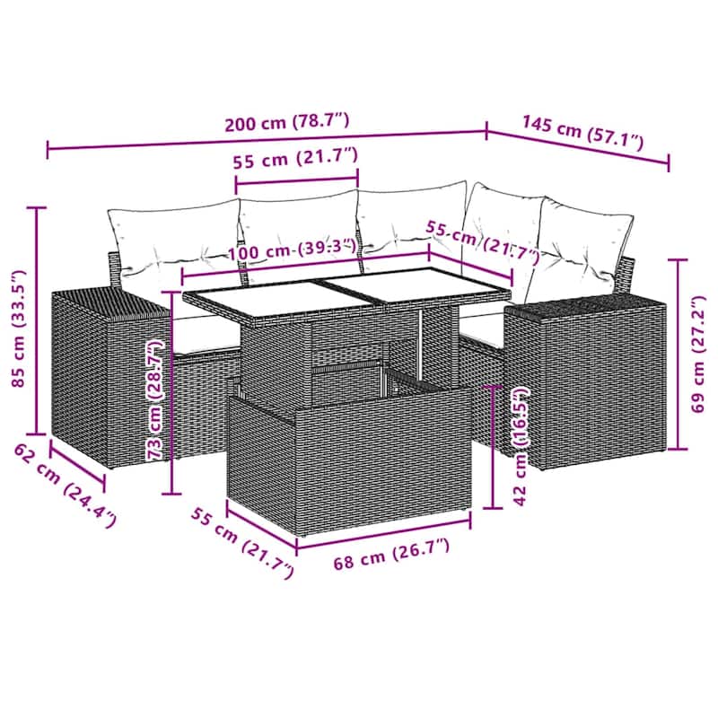 vidaXL Patio Sofa Set with Cushions Outdoor Furniture 5 Piece Poly Rattan
