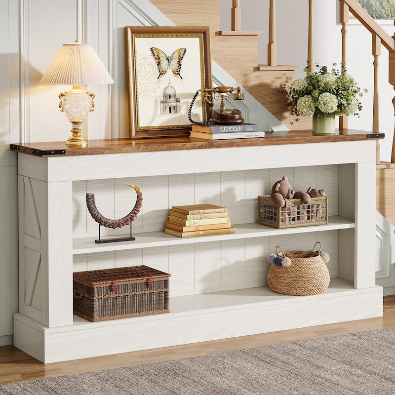 63 Inch Long Entryway Table, Narrow Sofa Console Table with Shelf - Cream White/Rustic Brown - MDF