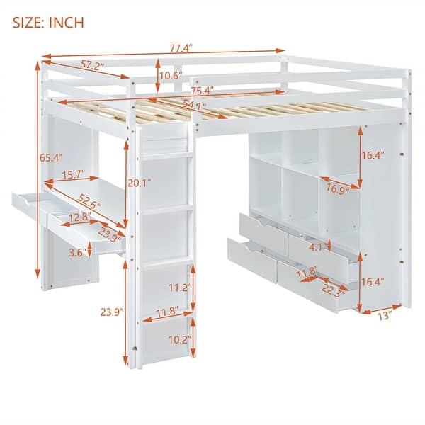 Full Size Loft Bed with Large Shelves,Writing Desk and LED Light