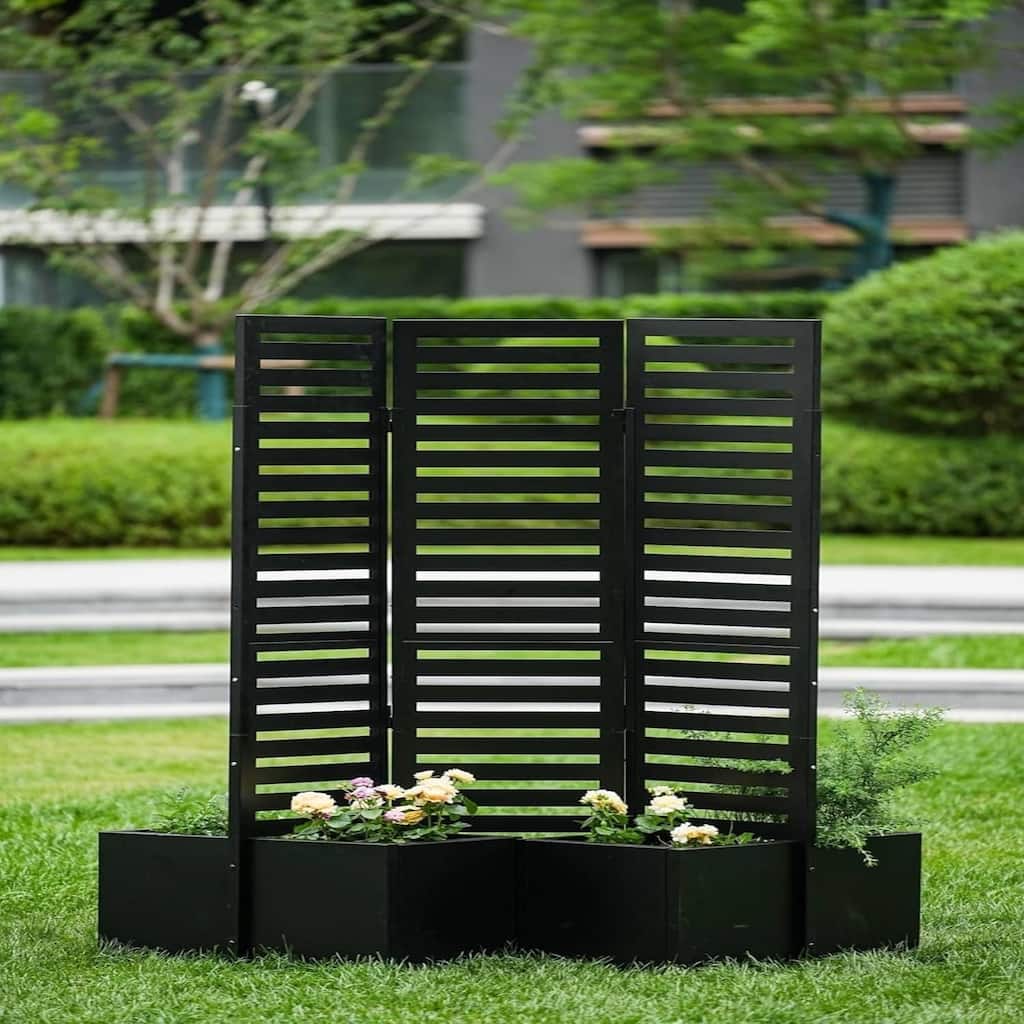 3-Panel 51x70x31 Inch Freestanding Privacy Screen with Planter Boxes Metal Garden Fence 4 Integrated Raised Planters Black