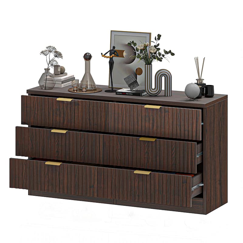 47" Wide Fluted 6 Drawers Dresser, Curved Profile Design Dresser - Walnut - 6-drawer