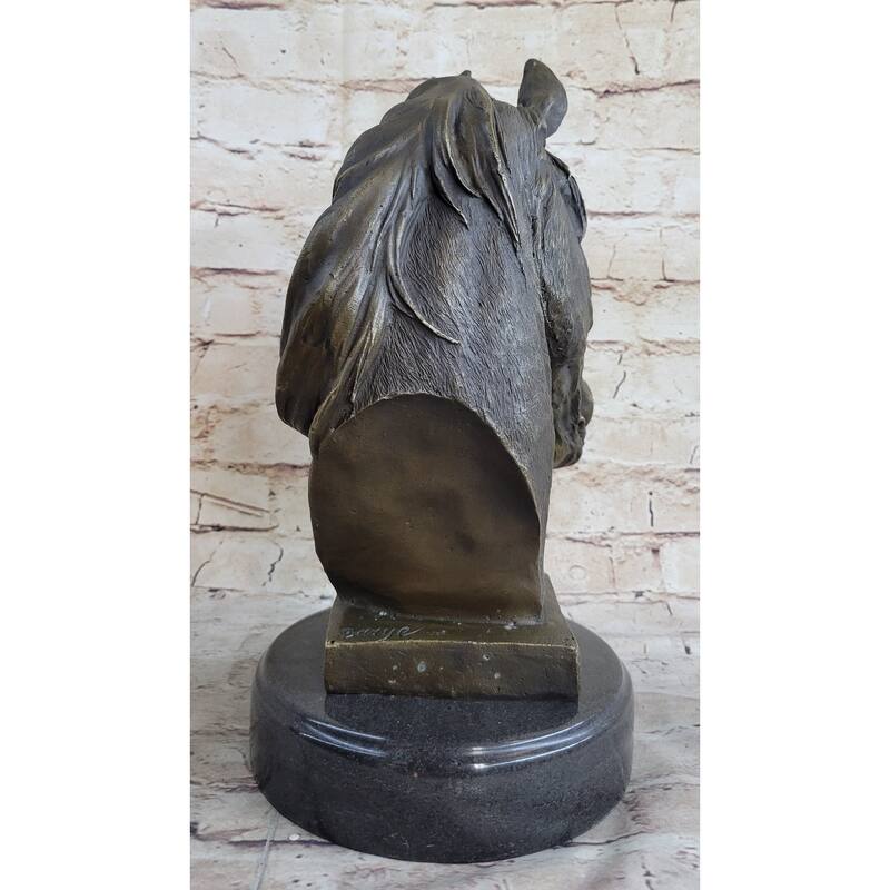 Signed Barye Unique Bronze Bust Horse Head Sculpture Marble Base Statue Figure