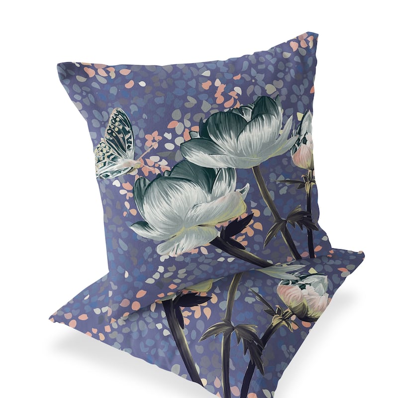 HomeRoots Set of Two 16" X 16" Green and Pink Butterfly Blown Seam Floral Indoor Outdoor Throw Pillow - 16.00' X '16.00' X '5.00