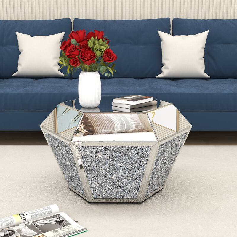 31" Coffee Table Mirrored Glass Finished with Crushed Diamond-Silver - Silver