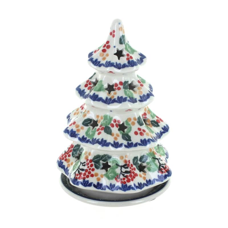 Blue Rose Polish Pottery 512 Ceramika Artystyczna Small Christmas Tree Luminary - Holly