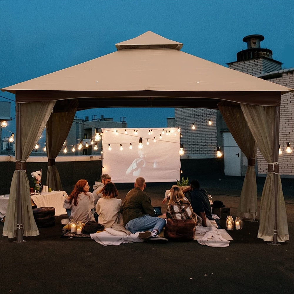 10 x 13 ft Outdoor Gazebo Canopy Tent with UV Resistant Double Roof Durable Steel Frame and Mosquito Netting khaki