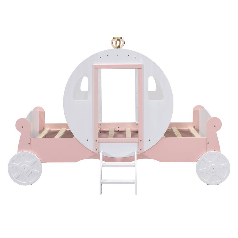 Twin Princess Carriage Bed with Crown Design, Wood Platform Bed with Stairs