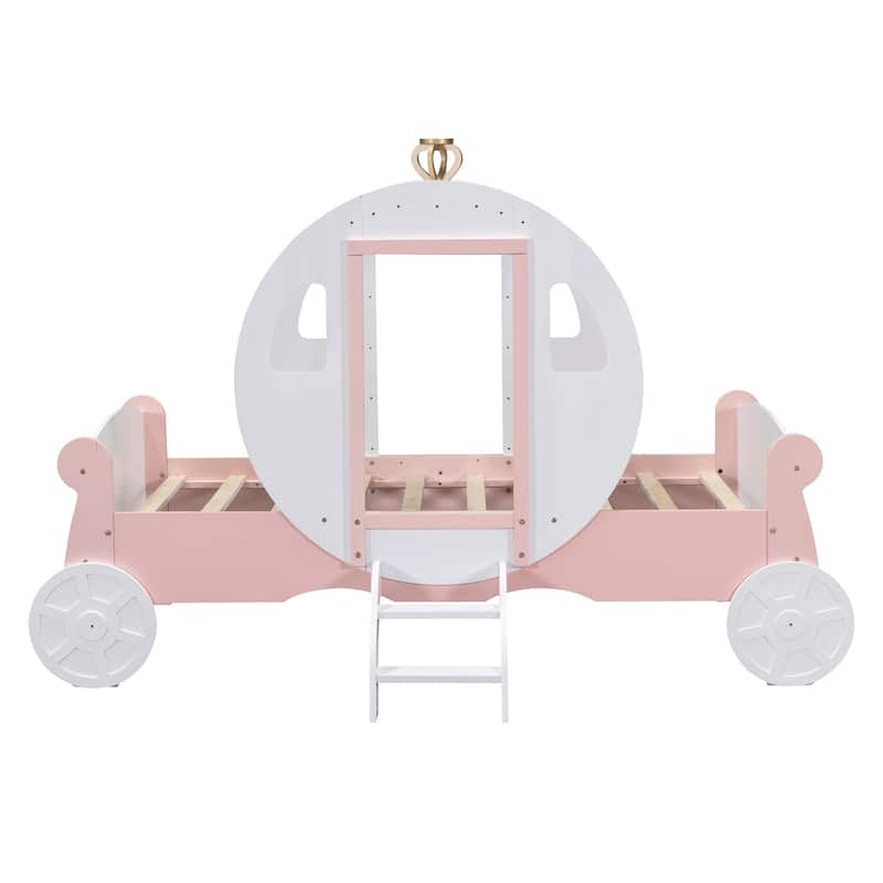 Twin Princess Carriage Bed with Crown and Wooden Platform, Includes Stairs