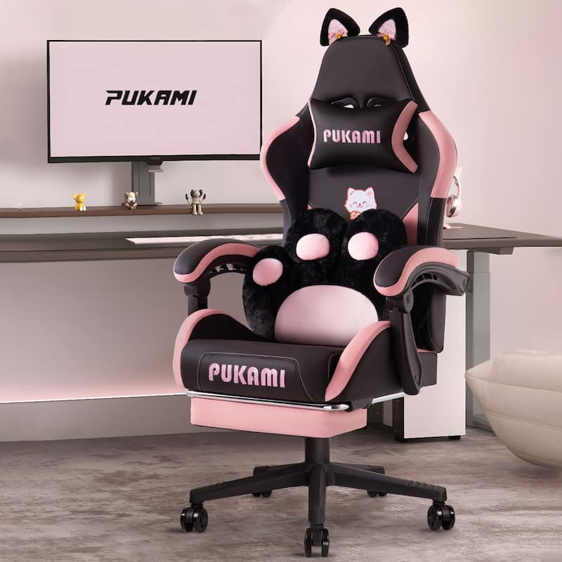 BOSSIN Gaming Chair with Cat Ears and Cat Paw Cushion Pillow,Cute Kawaii Reclining Computer Chair for Girl with Footrest - Black
