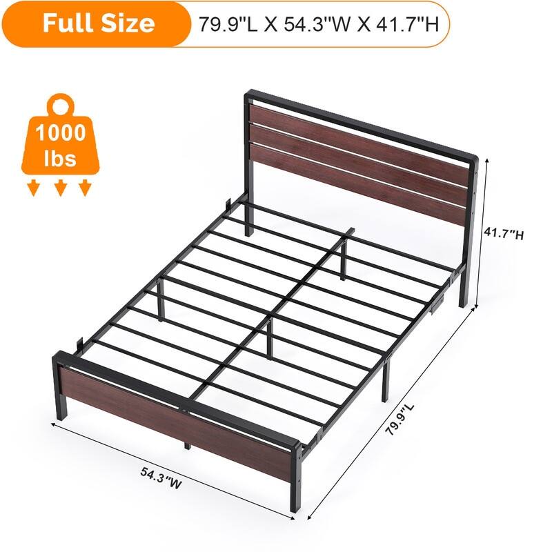 Bed Frame with LED Light and Charging Station, Metal Platform Bed with Wood Headboard