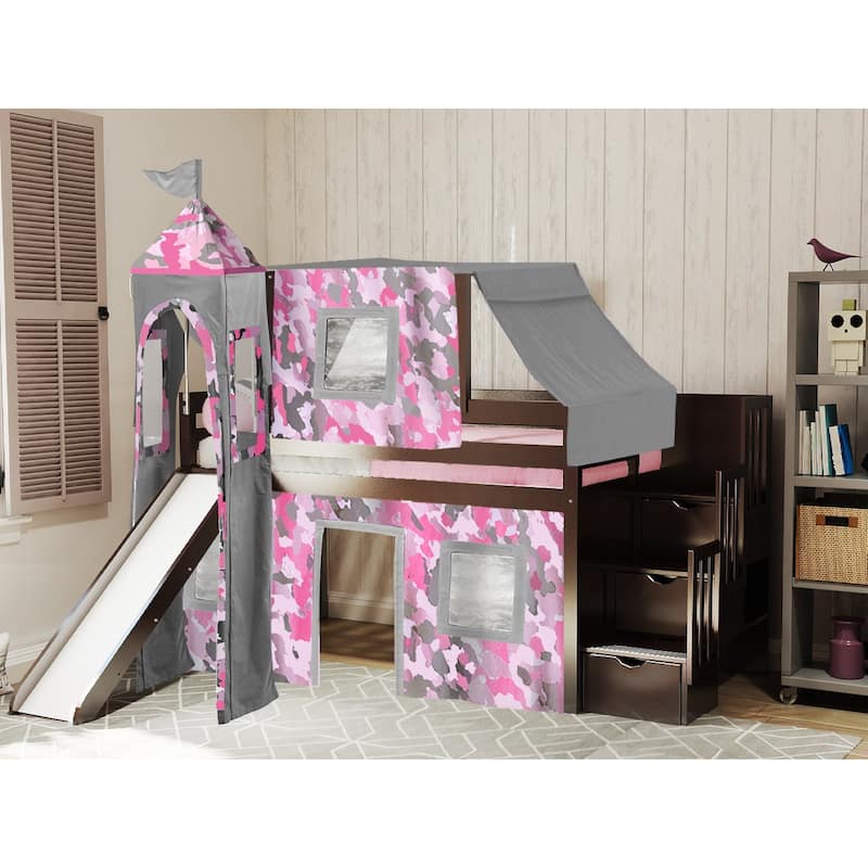 JACKPOT Prince & Princess Low Loft Twin Bed, Stairs Slide Tent & Tower - Cherry with Pink Camo Tent
