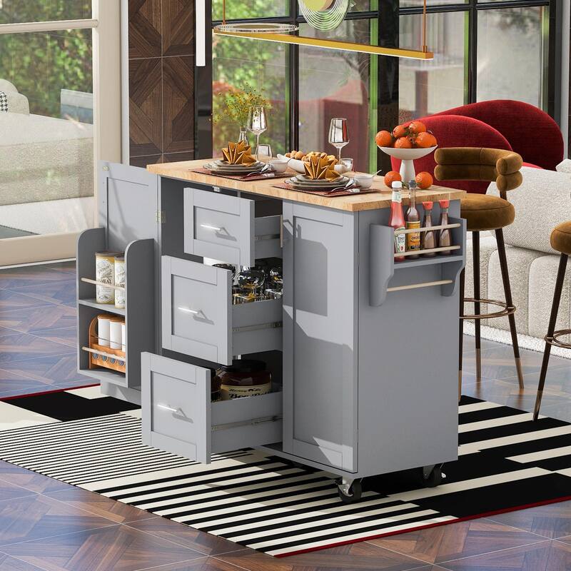 Rolling Kitchen Island with Rubber Wood Top, Drawers, Shelves, Internal Storage, Wheels, Spice & Towel Racks
