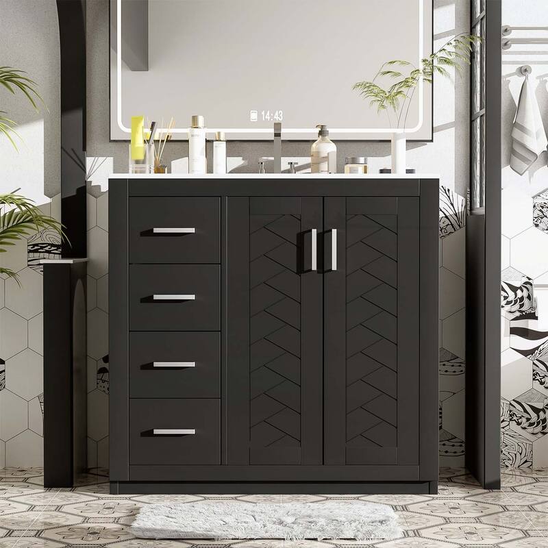 Freestanding Vanity Set with 3 Drawers& Soft Closing Doors - Black