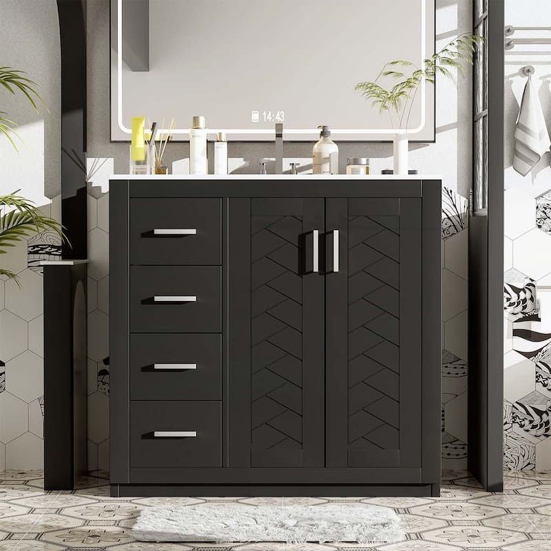 Wood Frame Bathroom Storage Cabinet with Ceramic Sink Combo - Black
