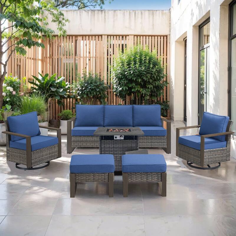 Pocassy Outdoor 30" Fire Pit Table with Sofa Swivel Chair Set - Grey Wicker Blue Cushion - 6-Piece Sofa Swivel Chair Ottoman with Fire Table
