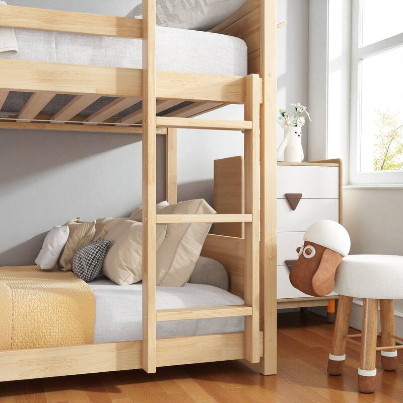 Twin Over Twin House Floor Bunk Bed with Ladder, Rubber Wood Frame with Guardrails, Headboards and Footboards for Kids