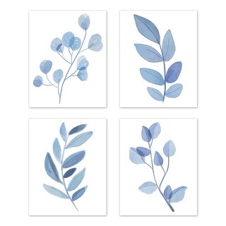 Floral Leaf Wall Decor Art Prints (Set of 4) - Blue Grey White Boho Watercolor Botanical Woodland Tropical Garden Single Flower