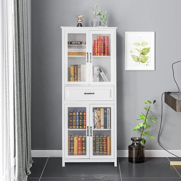 White Tall Bookcase Storage Cabinet with Acrylic Glass Doors, 5