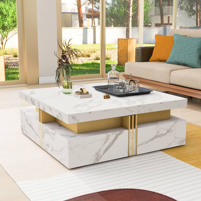 Modern Coffee Table with 4 Drawers, Square Coffee Table with Storage, Luxury Center Table Cocktail Table with Gold Accents