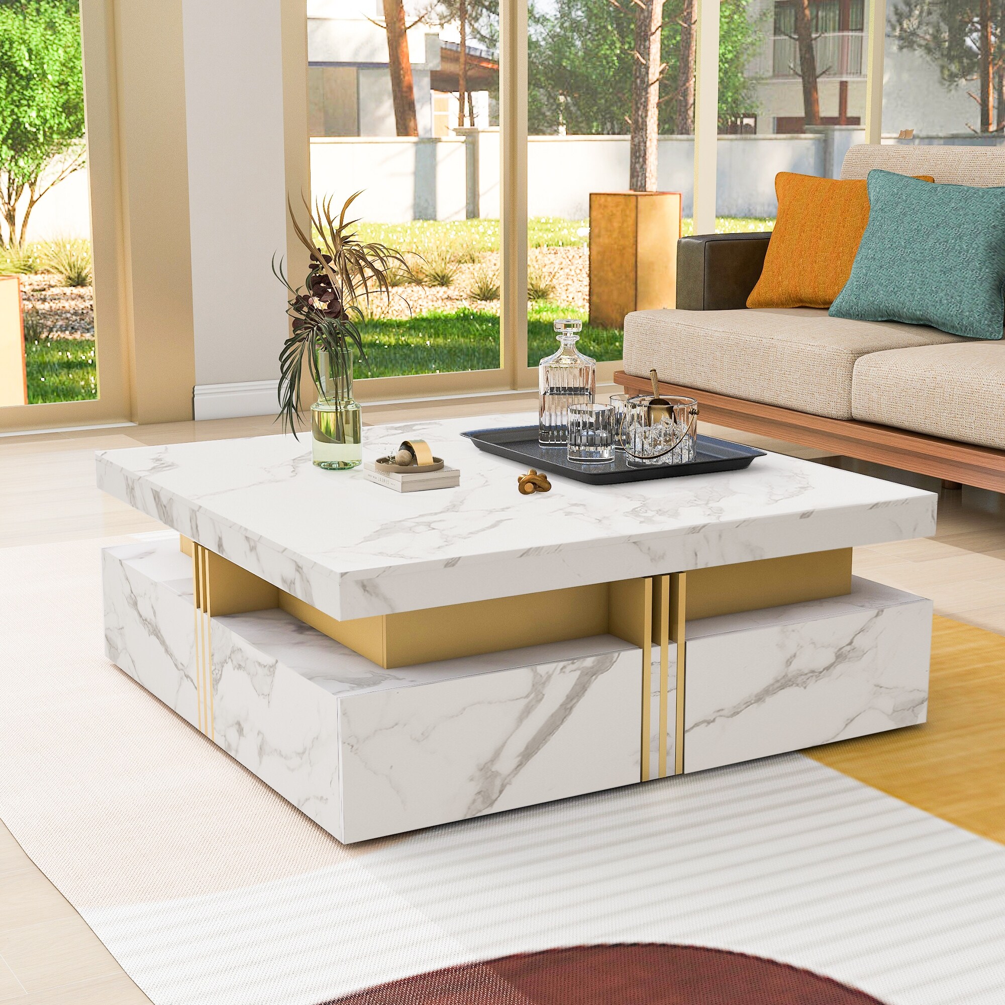 White square coffee table with storage top