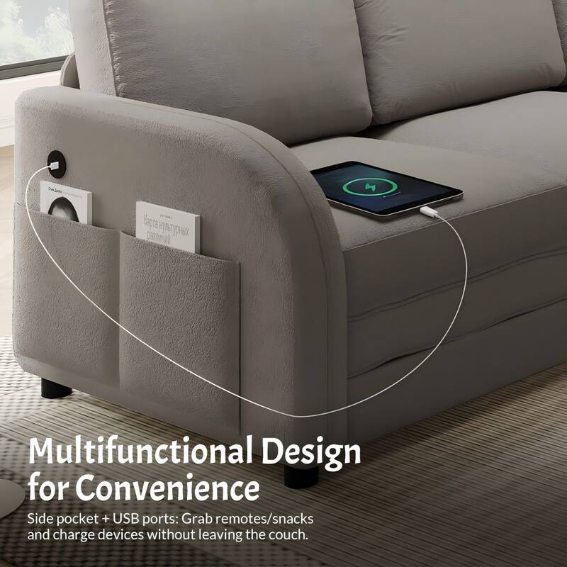 85.1" Teddy Upholstered Sofa with Pull-Out Bed and USB Port