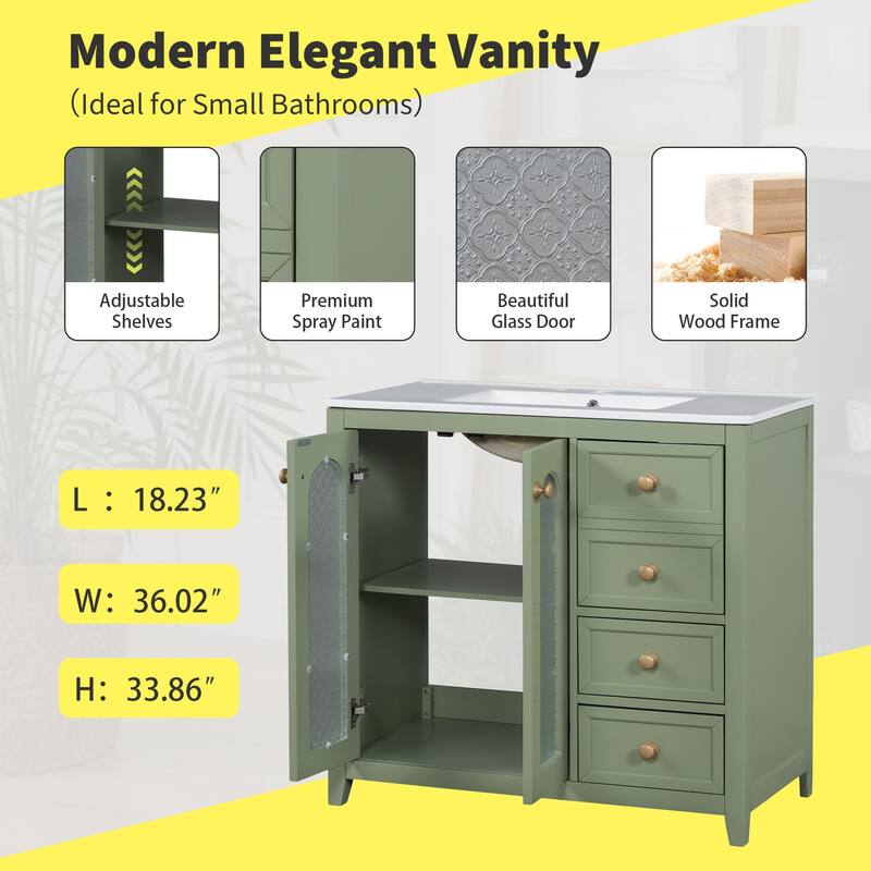 Bathroom Vanity with Ceramic Sink, Bathroom Cabinet with 2 Glass Door and 3 Drawers, Vanity Set with Adjustable Shelf