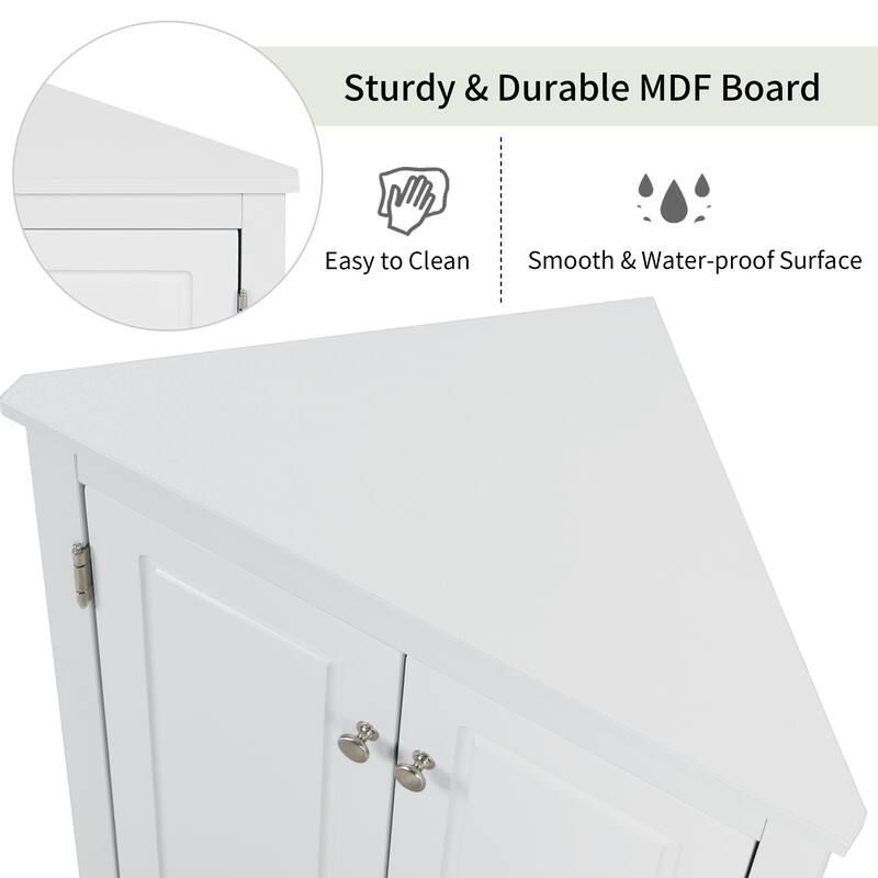 Roomfitters Triangle Corner Bathroom Cabinet, Modern MDF Floor Storage Organizer with Adjustable Shelves & Metal Knobs