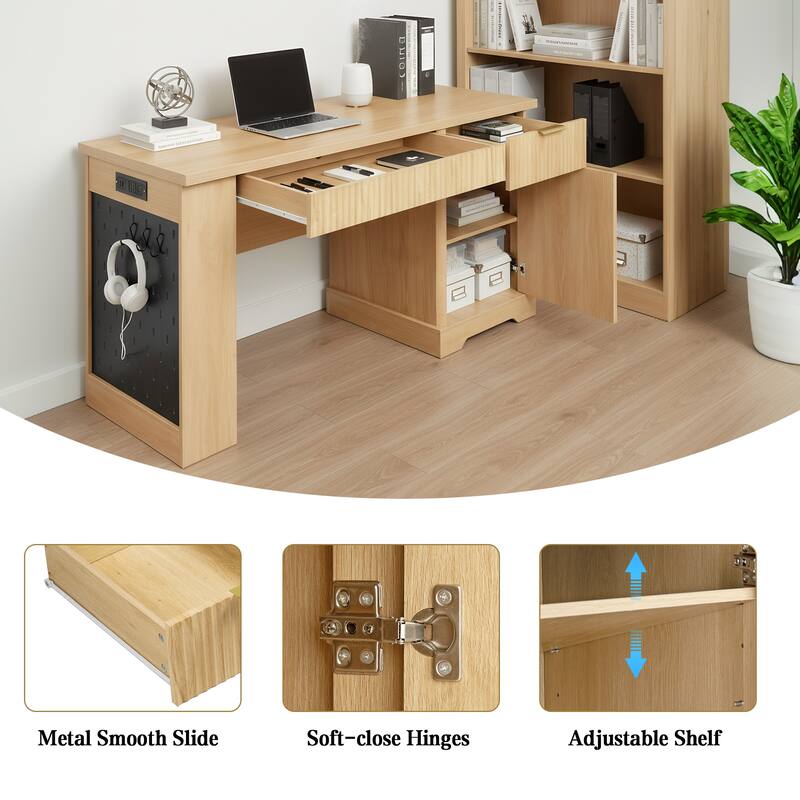 Roomfitters 55" Modern Fluted Office Desk with Charging Station, Storage Cabinet & Pegboard