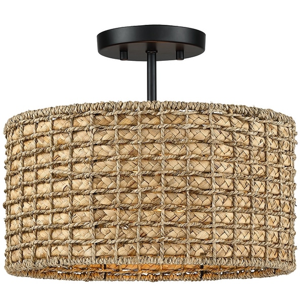 True Fine 2 Light Natural Rattan Semi Flush Mount Ceiling Light with Black Canopy Black earthy 13.6 in. W