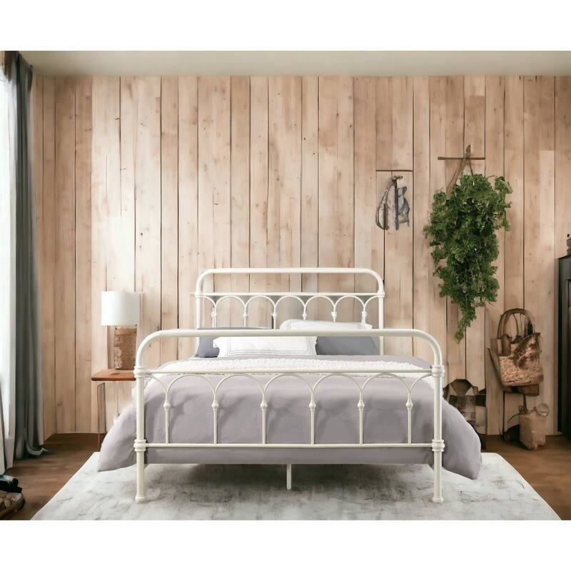 Classic White Full Bed with Spindle Headboard and Footboard, Metal Frame with Box Spring Support