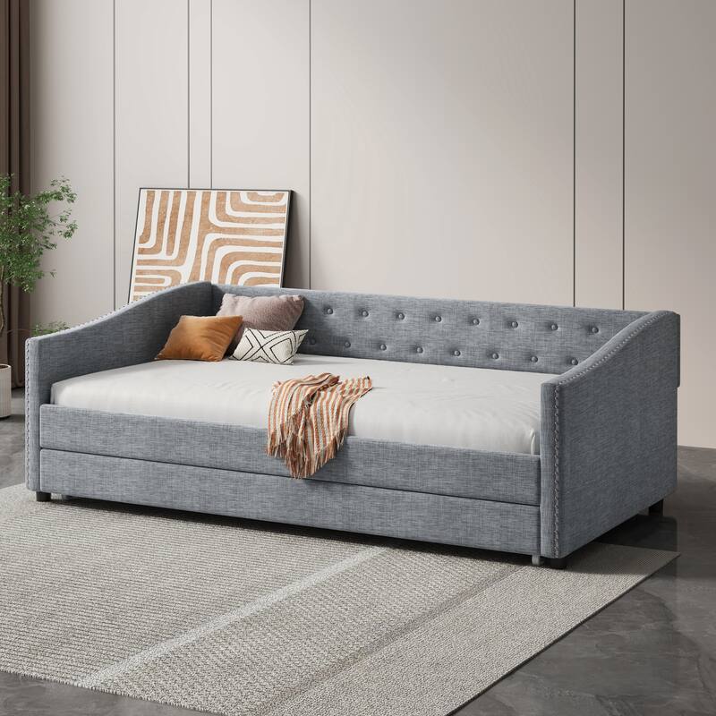 Linen Tufted Daybed with Trundle, Upholstered Platform Sofa Bed Frame, Wooden Slat Support - LIGHT GREY - Twin