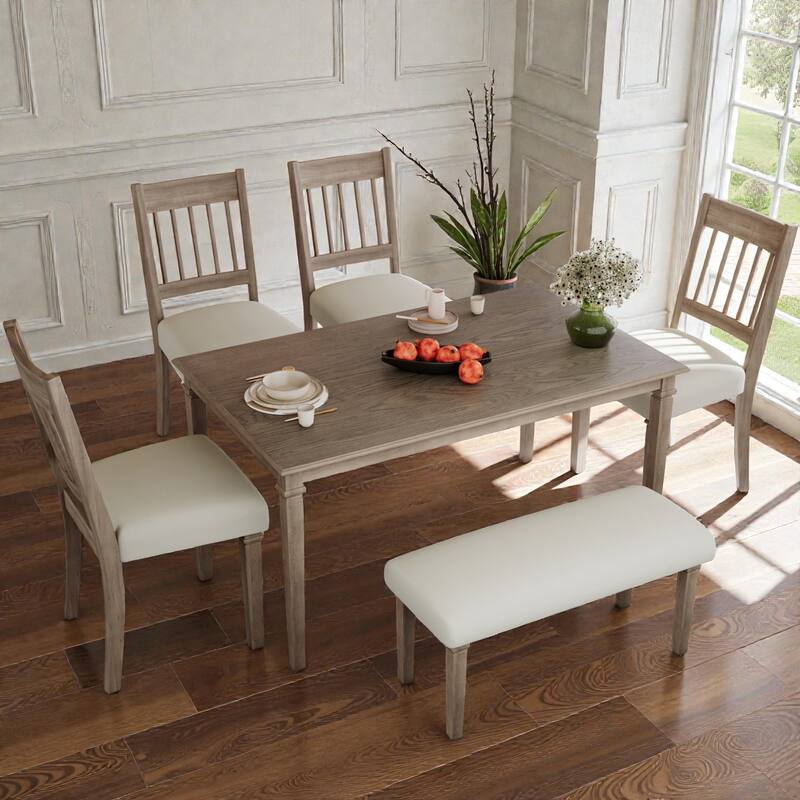 6-Piece Retro Dining Set with Wooden Table, 4 Chairs and Bench, Space-Saving Kitchen & Dining Room Furniture