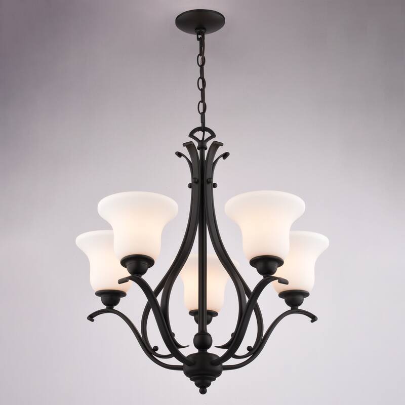 VAXCEL Monrovia 5-Light 26 in. Wide Chandelier with White Glass Shade, Adjustable Height Hanging Ceiling Fixture