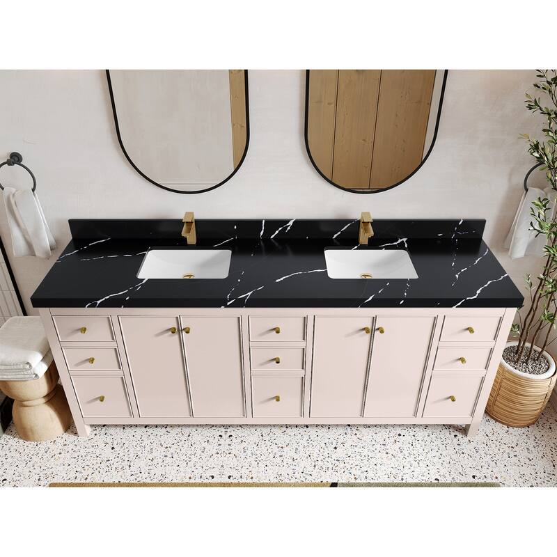 Willow Collections 84 in. W x 22 in. D Chicago Double Bowl Sink Bathroom Vanity with Countertop - 2"Calacatta Black - Pink