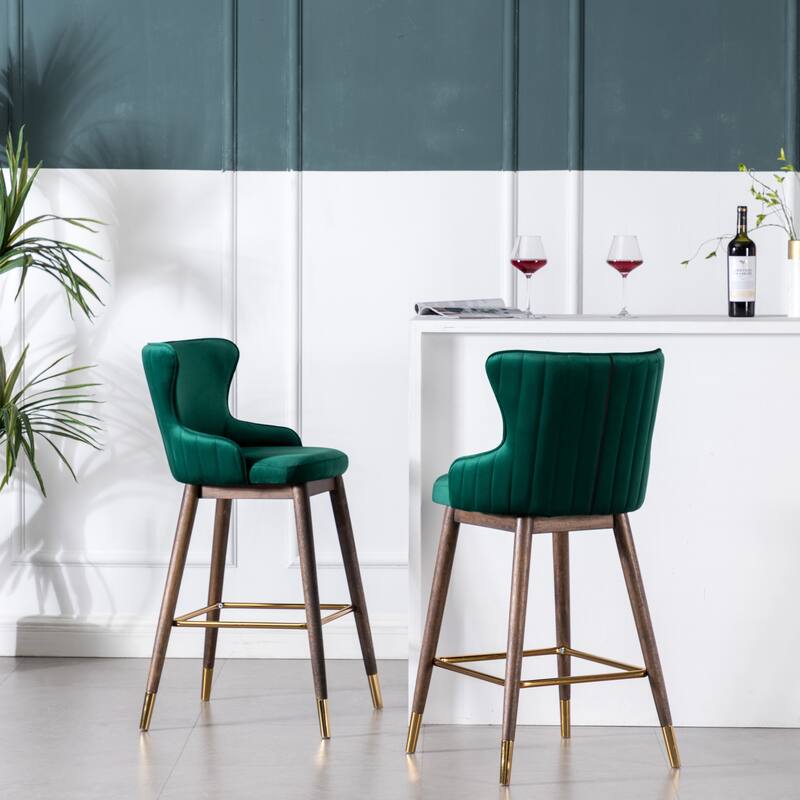 Velvet Fabric Upholstered Wingback Bar Stools Set of 2, Counter Height Bucket Barstools with Footrest for Kitchen, Dining Room