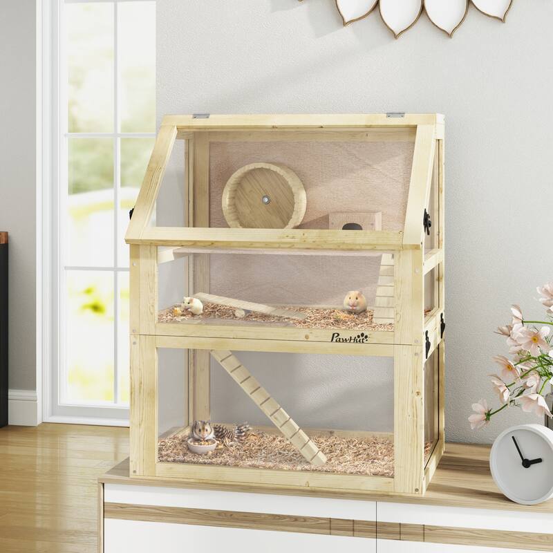 PawHut Wooden Hamster Cage, 3 Tier Small Animal Cage with Detachable 12.6" Deep Bottom, Hut, Seesaw, Exercise Wheel, Ramps